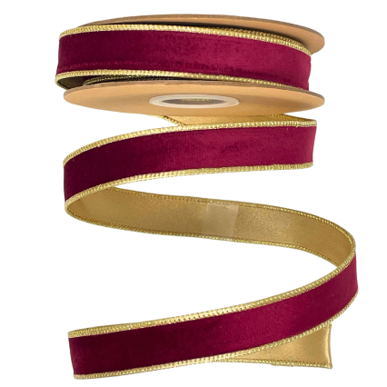 1" x 10yd Burgundy Velvet w/ Gold Backing Ribbon