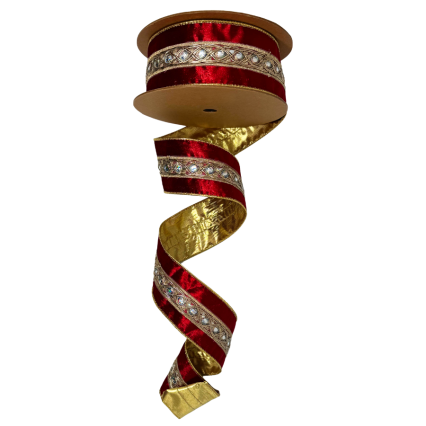 2.5" x10yd Red w/ Gold Trim and Iridescent Jewel Ribbon