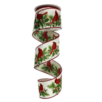 2.5"x10yd Cardinals on Ivory w/Red Edge Ribbon
