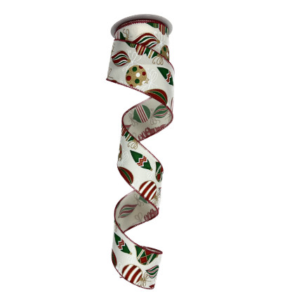 2.5"x10yd Red/Green/Gold Ornaments on Ivory Ribbon