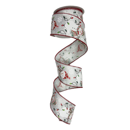 2.5" x 10yd Snowman w/ Lights on White Glitter Ribbon