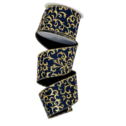 2.5" x 10yd Navy Blue & Gold Metallic Scroll Ribbon
