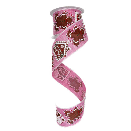 2.5" x 10yd Gingerbread Man & House on Pink Ribbon