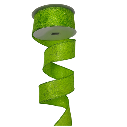 1.5" x 10yd Lime Green Embossed Ribbon w/ Sparkle Border