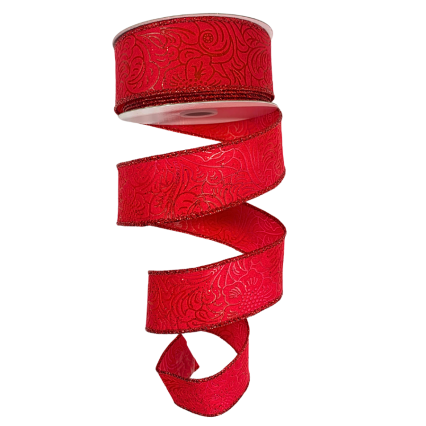 1.5" x 10yd Red Embossed Glitter Ribbon