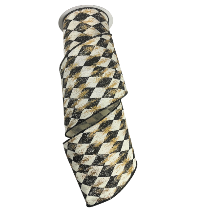 4" x 10yd Black & White Diamonds w/ Gold Streaks Ribbon