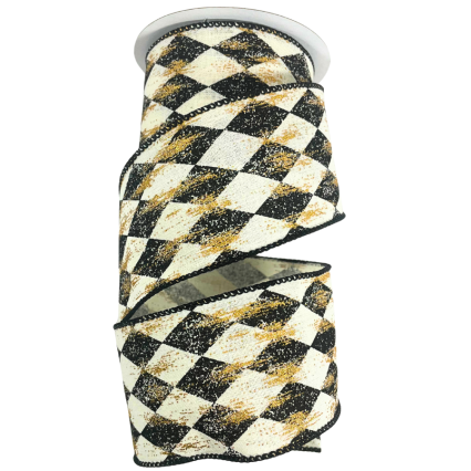 2.5" x 10yd Black & White Diamonds w/ Gold Streaks Ribbon