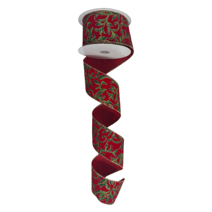 2.5" x 10yd Red Velvet w/ Gold & Green leaf Pattern Ribbon
