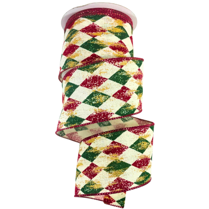 2.5" x 10yd Red & Green Diamonds w/ Gold Streaks Ribbon
