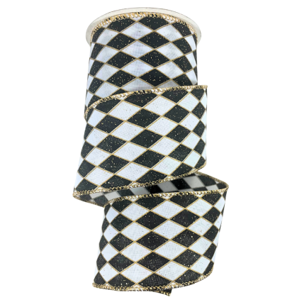2.5" x 10yd Black & White Diamonds w/ Gold Specks Ribbon