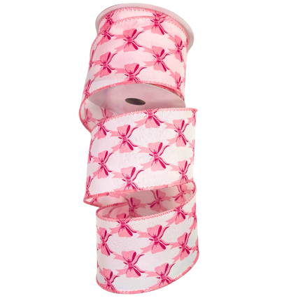 2.5" x 10yd Pink Bows on White Ribbon