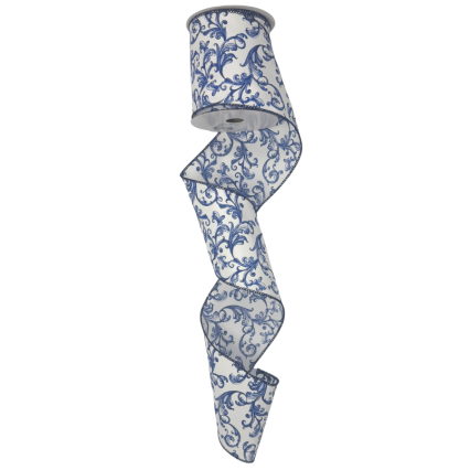 4" x10yd Chinoiserie Swirl on White Ribbon