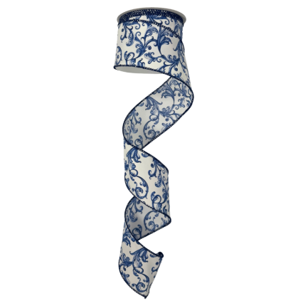 2.5" x10yd Chinoiserie Swirl on White Ribbon
