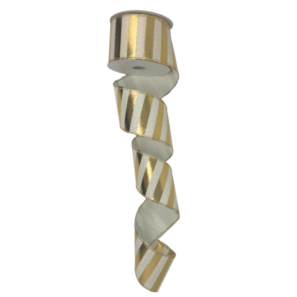 2.5" x10yd White & Gold Vertical Striped Canvas Ribbon