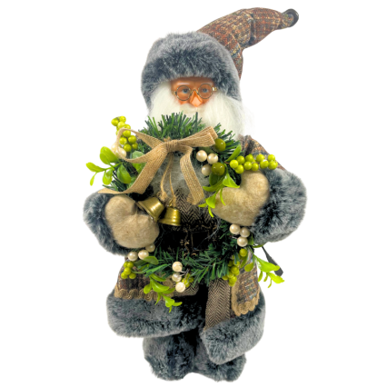 15" Santa w/ Greenery Wreath & Bells