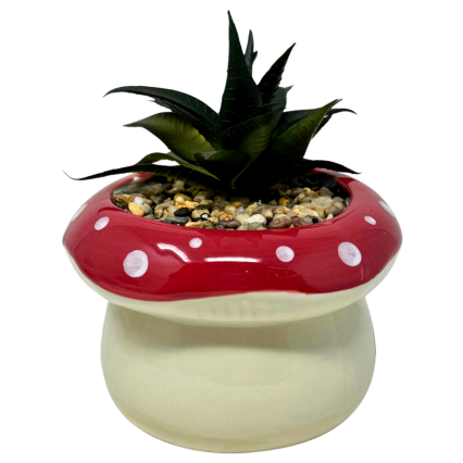 7" Artificial Succulent in Mushroom Planter- Red and White