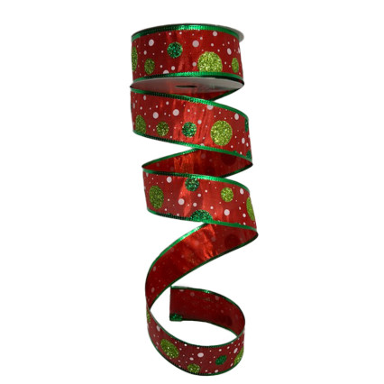 1.5" x 10yd Shiny Red Glitter Dots w/ Green Trim Ribbon
