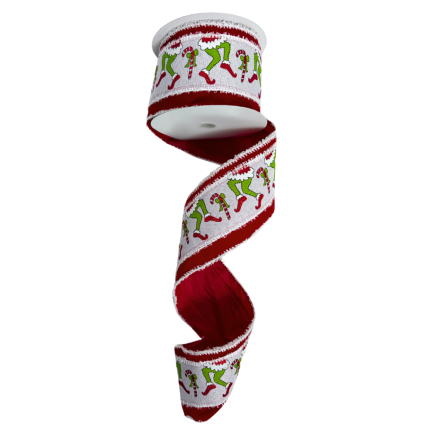 4" x 10yd Grinch Tip Toe with Red and Fringe Edge Ribbon