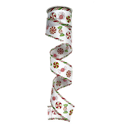 2.5"x10yd Red & Green Peppermint Candy on White w/Striped Edge Ribbon
