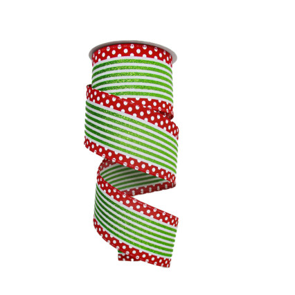 2.5"x10yd Glitter Green & White Stripes W-Red & White Polkadot Boarder