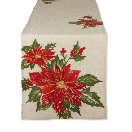 Poinsettia Holly Embroidered Table Runner