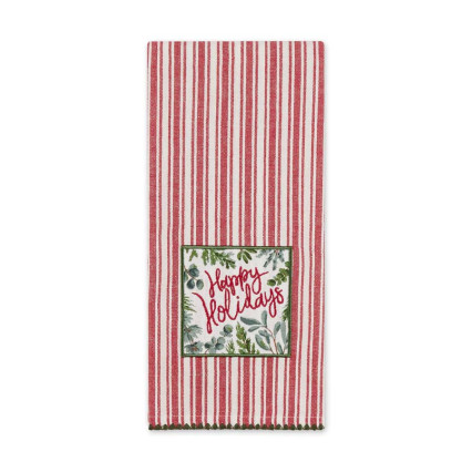 Happy Holidays Red & White Striped Embellished Dishtowel