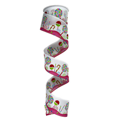2.5"x10yd Pink/Blue/Green/Red Lollipops & Candy on White Ribbon