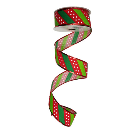 1.5" x 10yd Red Lime Green Diagonal Stripes w/ Dots Ribbon