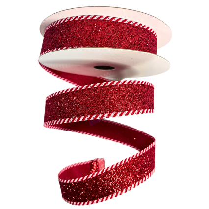 7/8" x 10yd Red Sparkle Ribbon w/ Peppermint Border