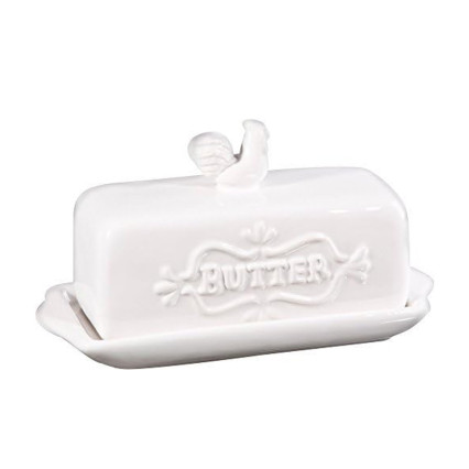 Covered Butter Dish With Rooster Finial - White