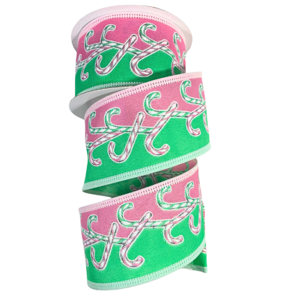 2.5" x 10yd Pink & Green Candy Cane Ribbon
