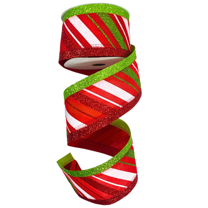 2.5" x 10yd Red/White/Green Glitter Vertical Stripe Ribbon