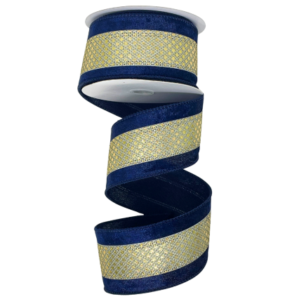 2.5" x 10yd Navy Blue & Gold Metallic Center Stripe Ribbon