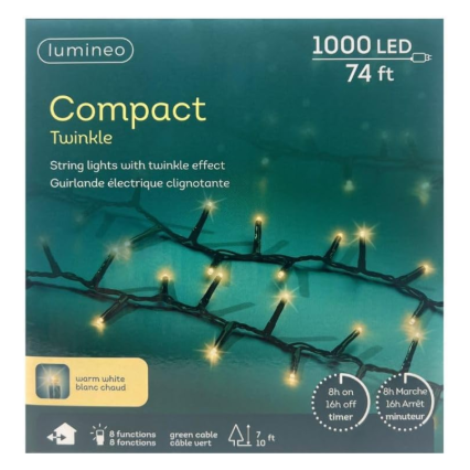 74FT 1000 LED Warm White Twinkle Christmas Lights