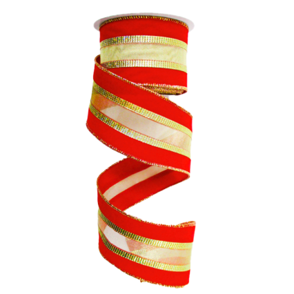 2.5" x 10yd Bright Red Velvet w/ Gold Center Ribbon