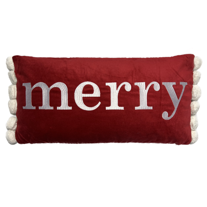 24"L Red Velvet Merry Pom Pom Indoor Pillow