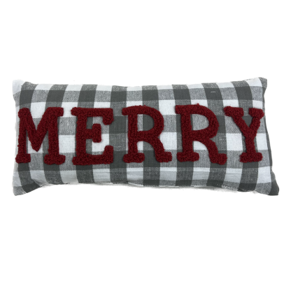 12"L Grey Plaid Indoor Pillow- Merry