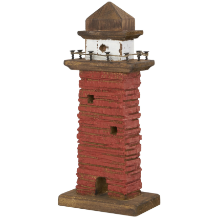 11" Red Distressed Wood Light House Sculpture