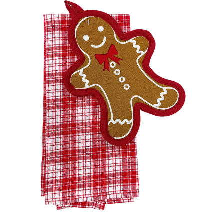 Gingerbread Potholder & Red Plaid Kitchen Towel Set