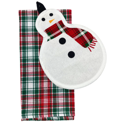 Snowman Potholder & Plaid Kitchen Towel Set