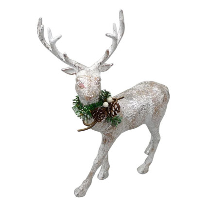 13"H White Gold Reindeer with Greenery
