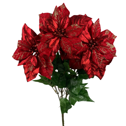 22" Red & Dusted Gold Poinsettia Bush