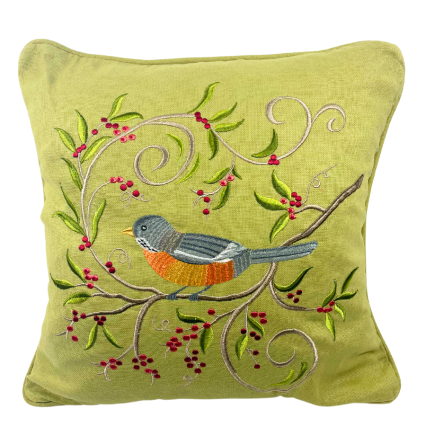 16" Embroidered Robin on Berry Twig Indoor Pillow