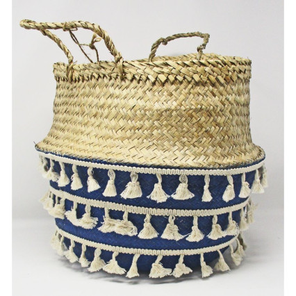 Seagrass Basket Collapsible Dark Blue with Natural Tassel Detail