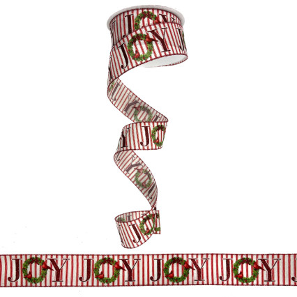 2.5"x100ft Ivory/Red Vertical Stripe Joy w/Christmas Wreath Ribbon