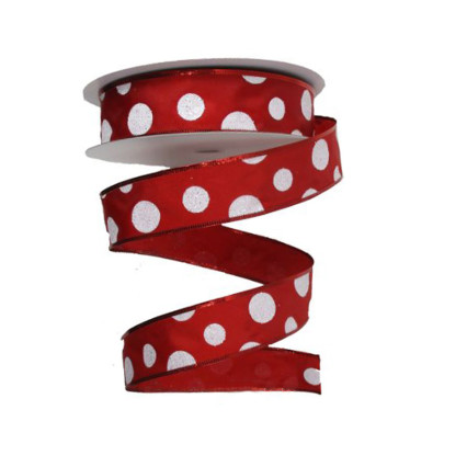 1.5" x 100ft Red With White Glitter Polka Dots Ribbon