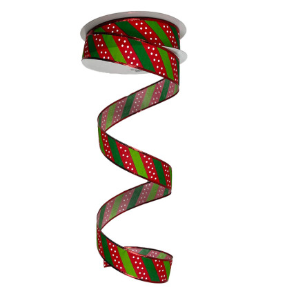 1.5"x100ft Green & Red Diagonal Stripes w/White Dots Ribbon
