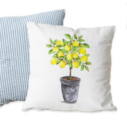 16" Lemon Topiary & Blue Seersucker Reversible Pillow