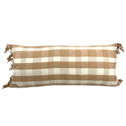 35"L Ochre Orange Plaid w/Tassels Lumbar Indoor Pillow