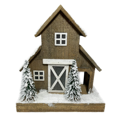 14"H Snowy Wooden Lighted Barn